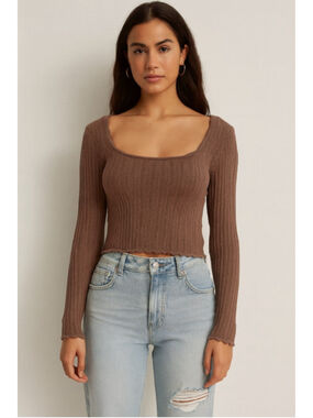 Wilfred Aritzia Ribbed Square Neck Top Brown Cropped Long Sleeve Small
